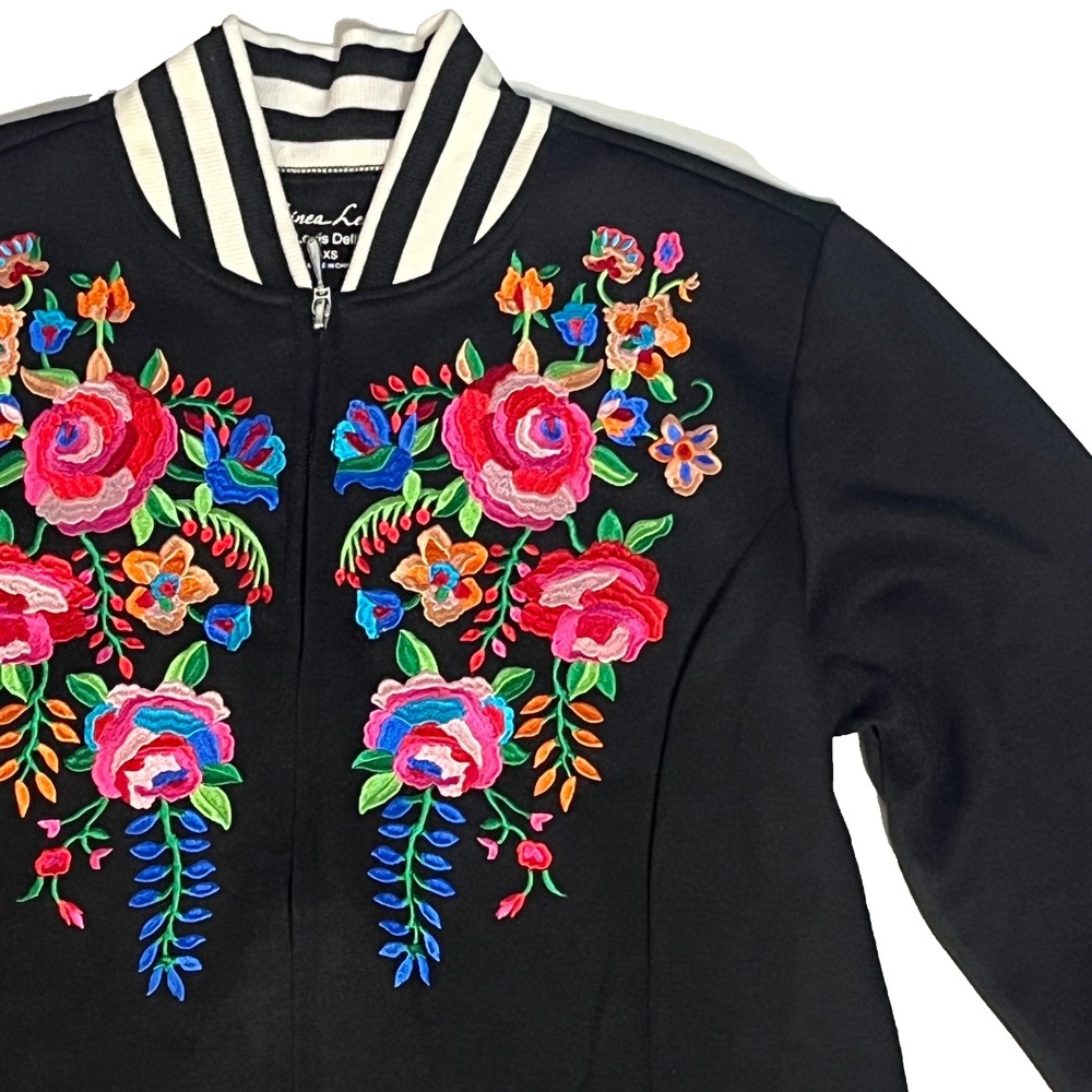 Linea Leisure by Louis Dell'Olio Embroidered Full Zip Bomber Jacket Size XS Boho